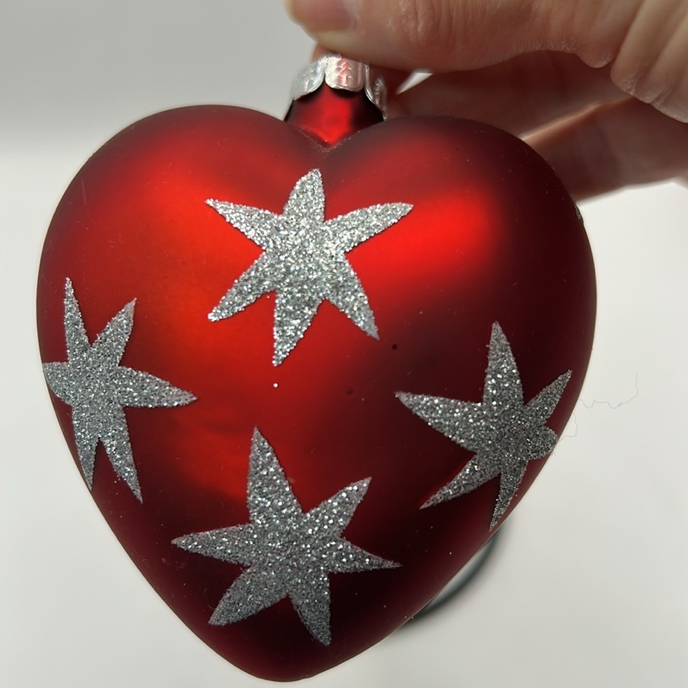 Red Heart Glass Ornament with Silver Stars - Picture 3 of 6